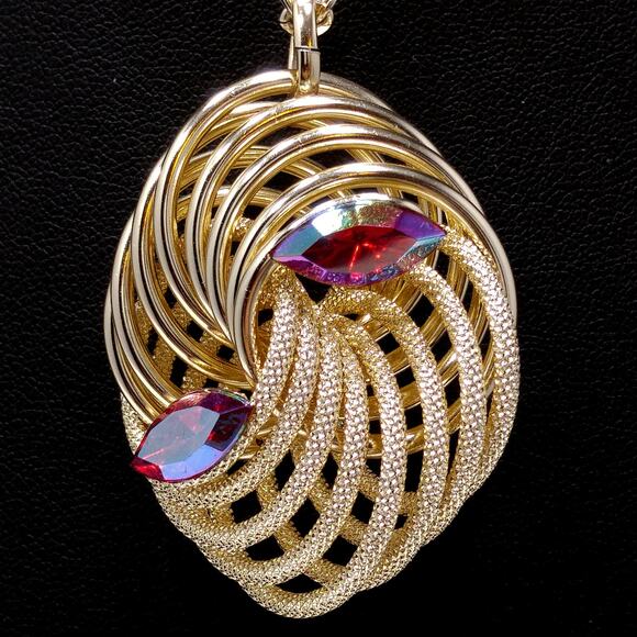 Vintage Germany Gold Tone Swirl Pendant Necklace Red AB Rhinestones 1960s - Picture 2 of 10